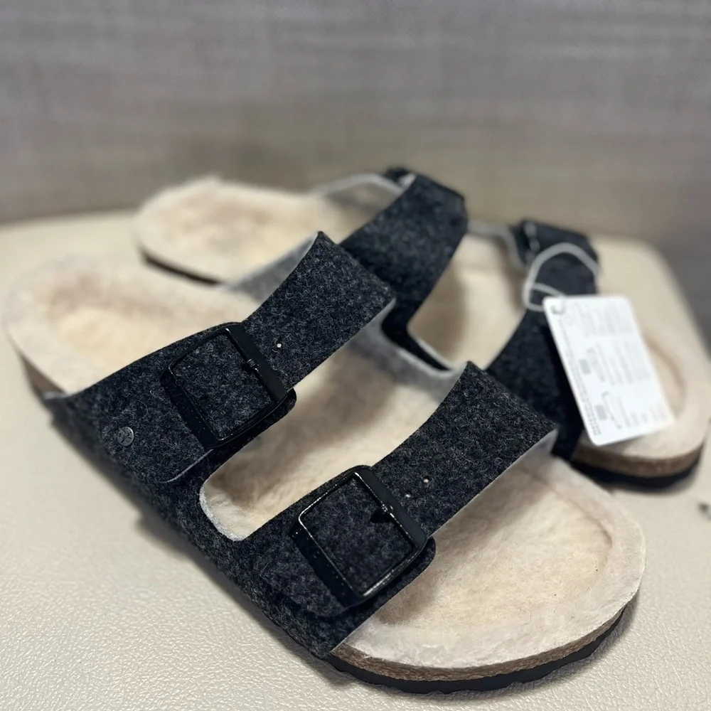 Birkenstock Arizona Rivet Wool Felt Shearling Charcoal Sandals Men’s 42